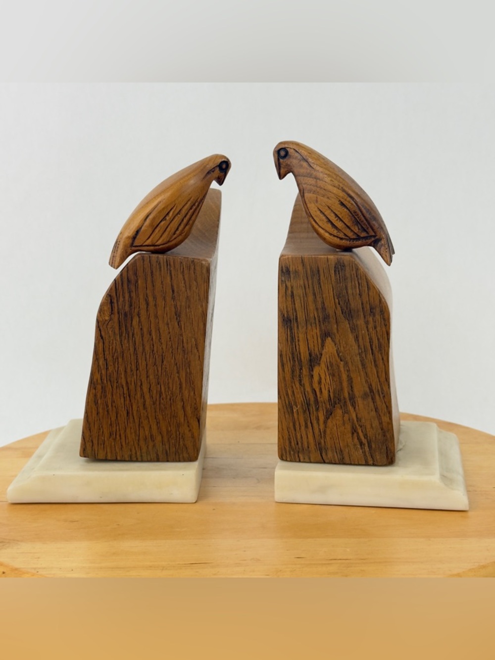 Vintage Hand-carved Wood Bird Bookends Atop Rustic Wooden Blocks w/ Marble Base
